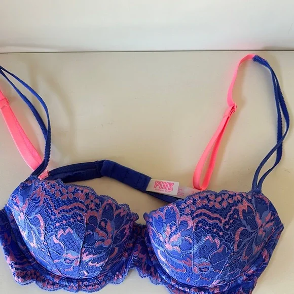 Victoria's Secret Navy Blue Lace Bra with Coral Accents - Picture 1 of 1